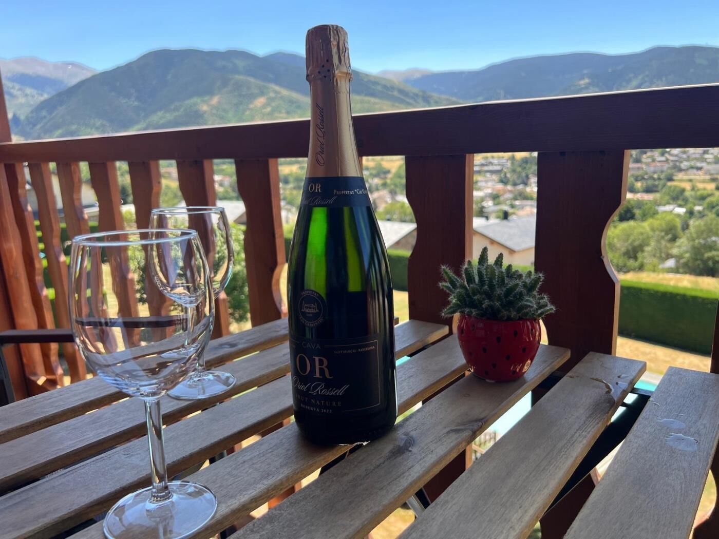 A bottle of CAVA wine and two glasses on a wooden table with a view of mountains.