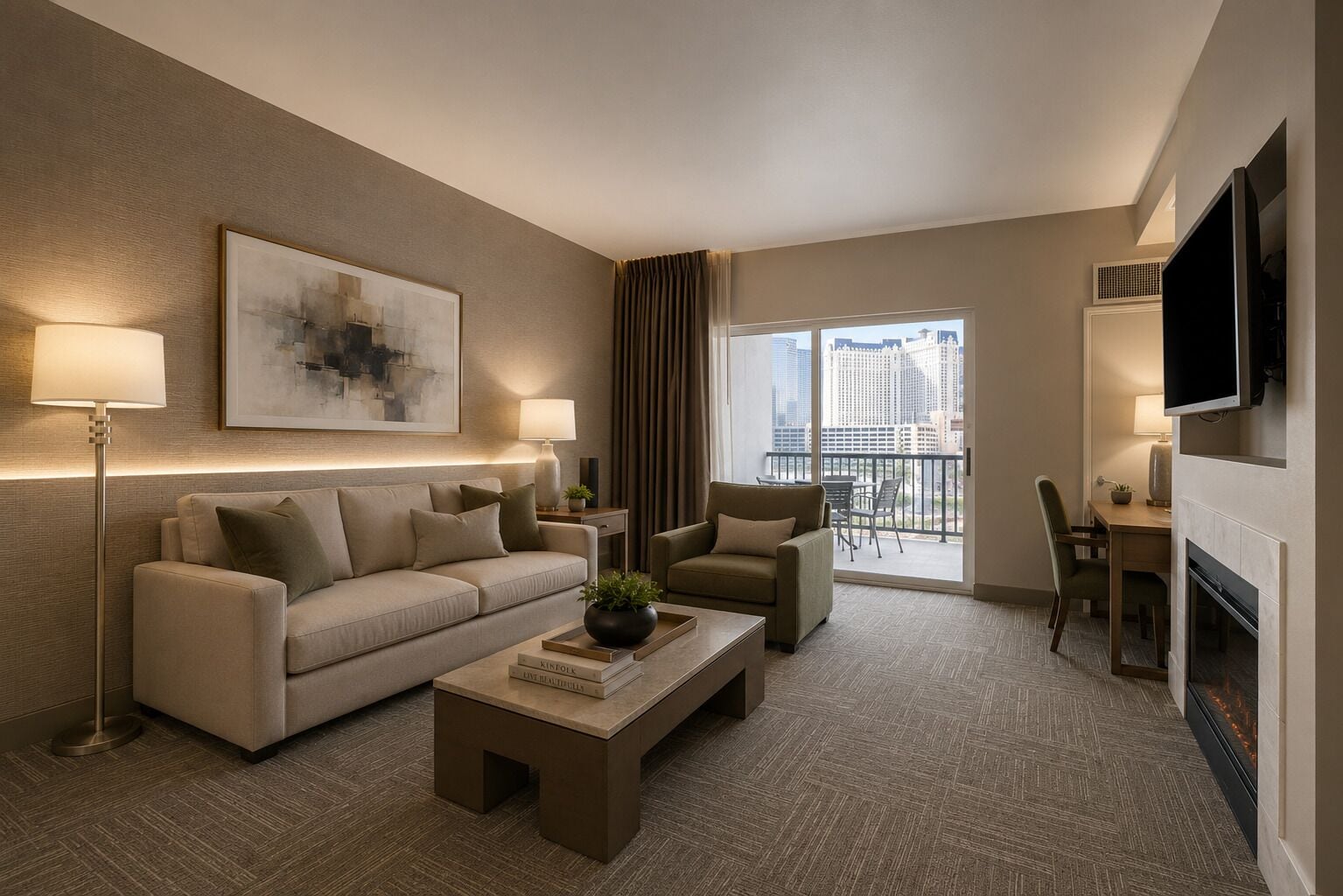 A modern hotel room with a sofa, armchair, coffee table, and a flat-screen TV mounted on the wall.