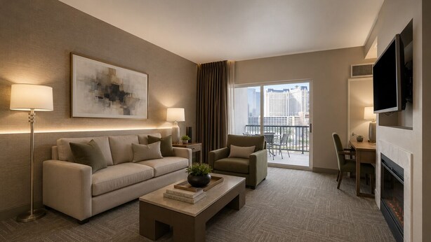 Habitación de hotel moderna con sofá, sillón, mesa de centro y televisor de pantalla plana montado en la pared.