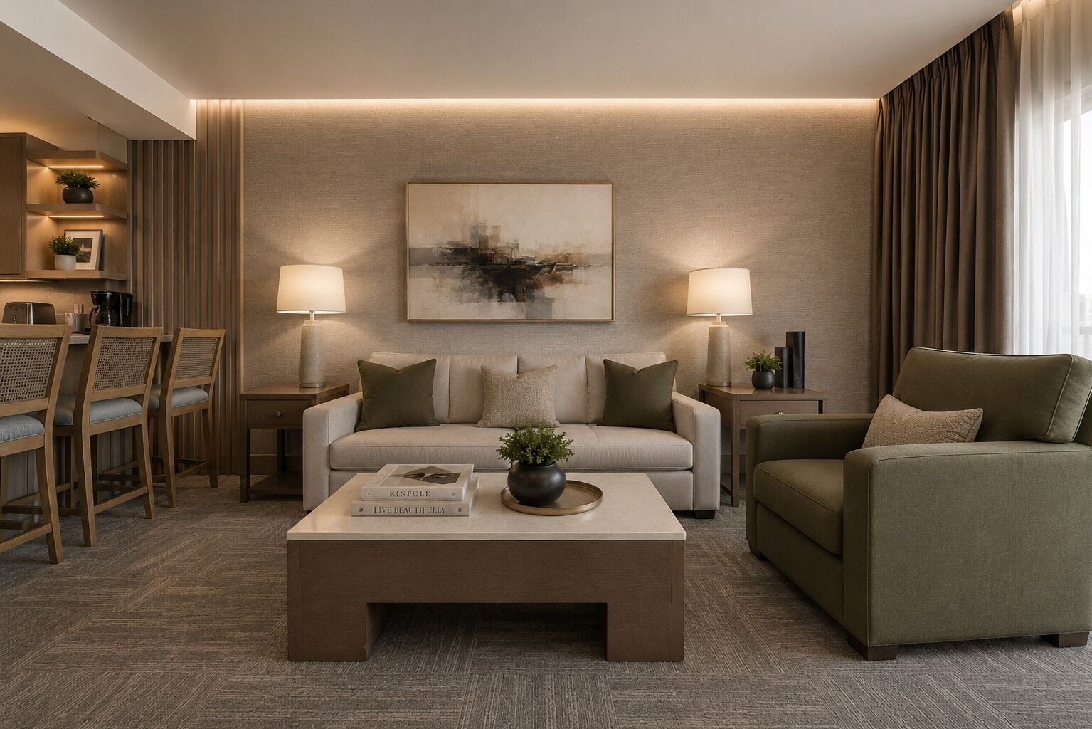 A modern living room with a sofa, armchair, coffee table, and lamps. There is a painting on the wall and a plant on the coffee table.