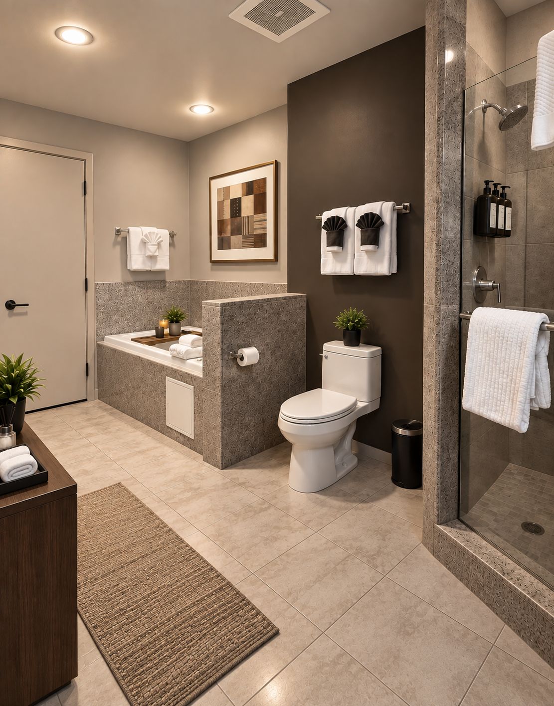 A modern bathroom with a shower, toilet, sink, and a glass-enclosed shower area.