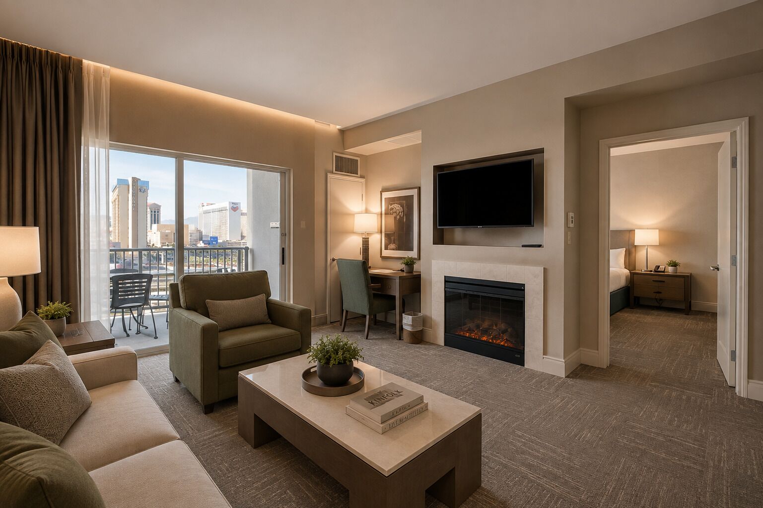 Een moderne hotelkamer met zithoek, open haard, flatscreen-televisie en uitzicht over de stad.