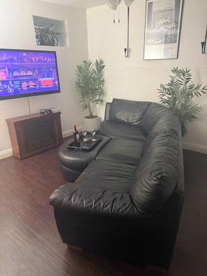 Ein Wohnzimmer mit einer schwarzen Ledersofa, einem Flachbildfernseher, einem kleinen Tisch mit Flasche und Gläsern sowie zwei Zimmerpflanzen.