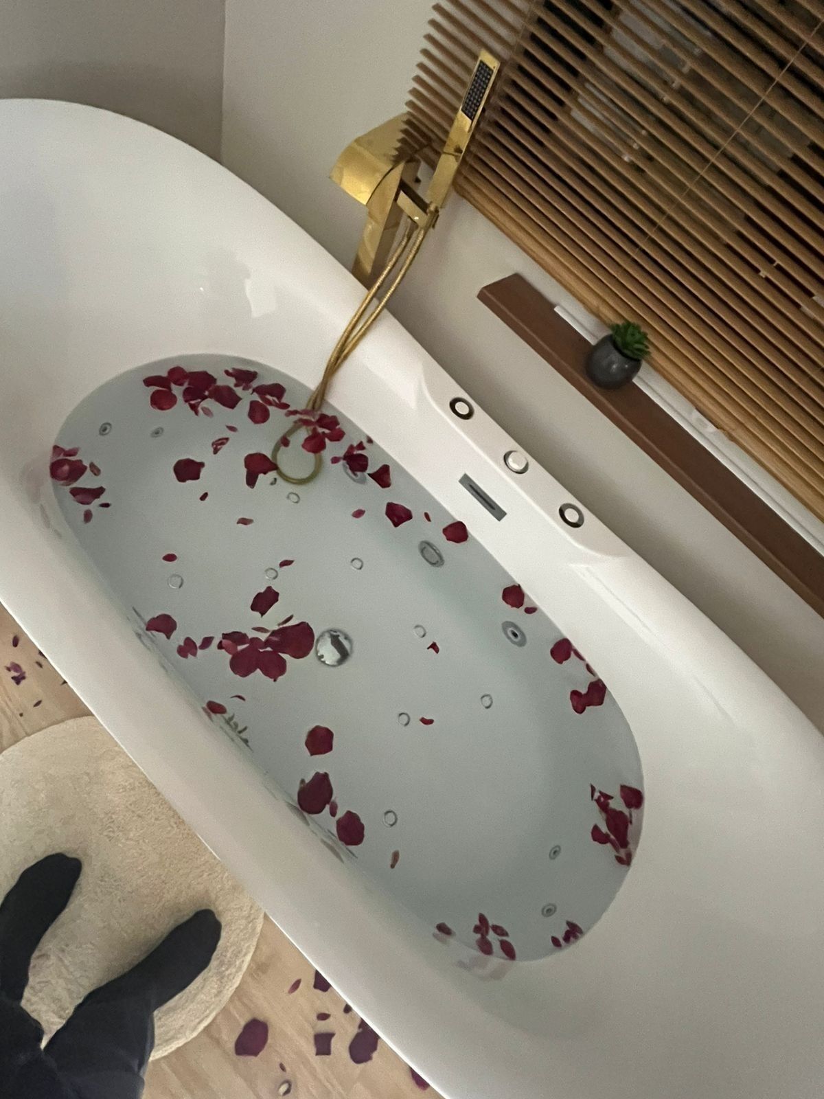 Une baignoire dans laquelle flottent des pétales de rose, un robinet doré et une petite plante en pot posée sur le rebord de la fenêtre.