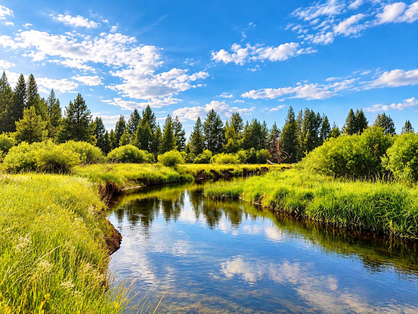 A serene landscape with a clear stream, dense greenery, and a forest in the background.