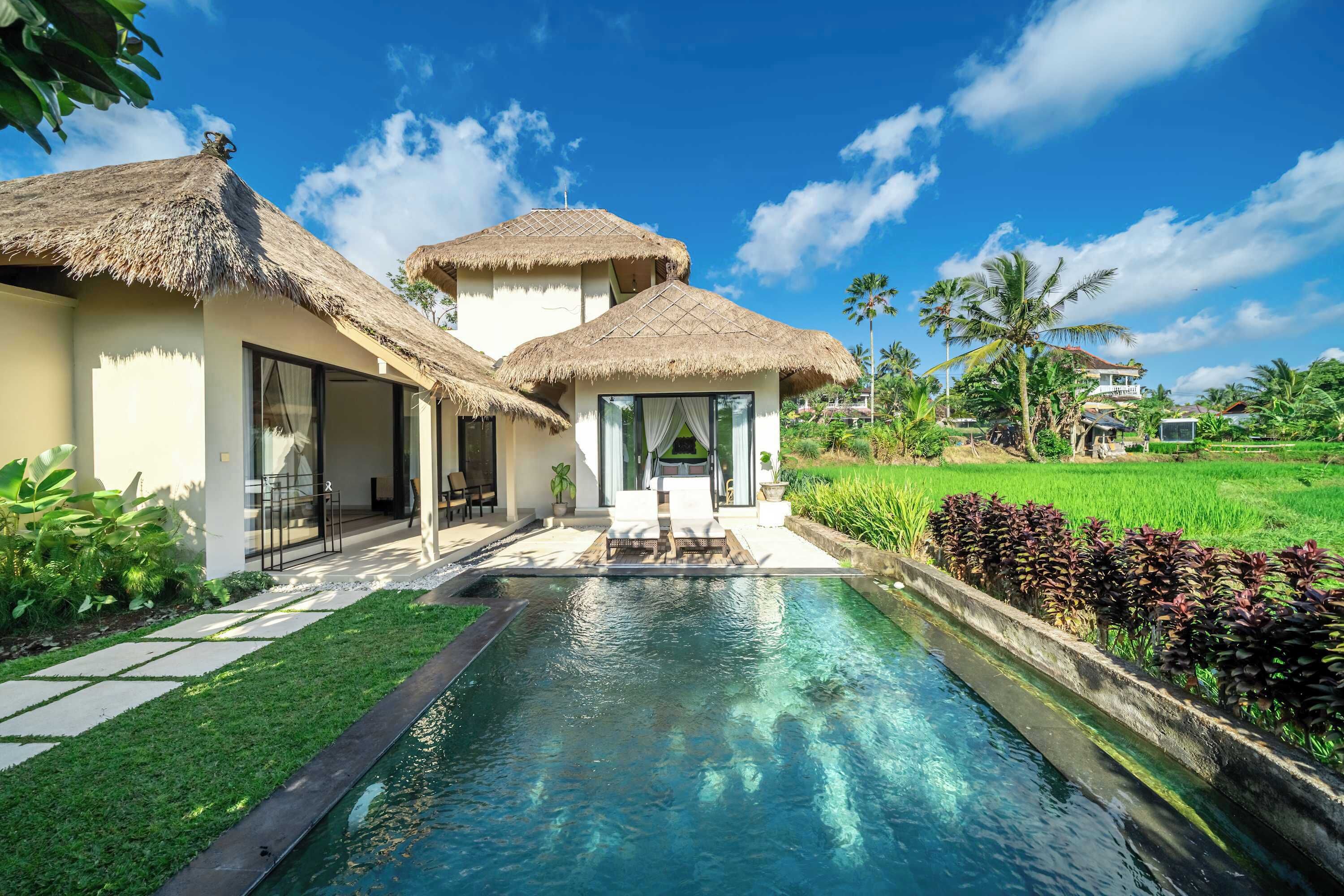 A resort with a swimming pool, thatched-roof structures, and lush greenery.