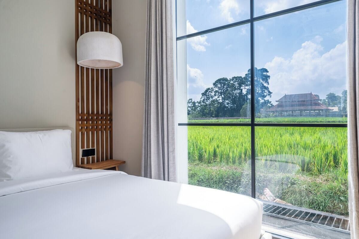A hotel room with a bed, a wooden headboard, a nightstand, a lamp, and a large window with a view of a green field and a building.
