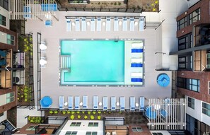Aerial view of the community pool deck featuring a sparkling rectangular pool, cushioned lounge chairs, shaded tables, and landscaped surroundings for relaxing summer days. - Modern Apt with Pool, Garage & Laundry (Madison)