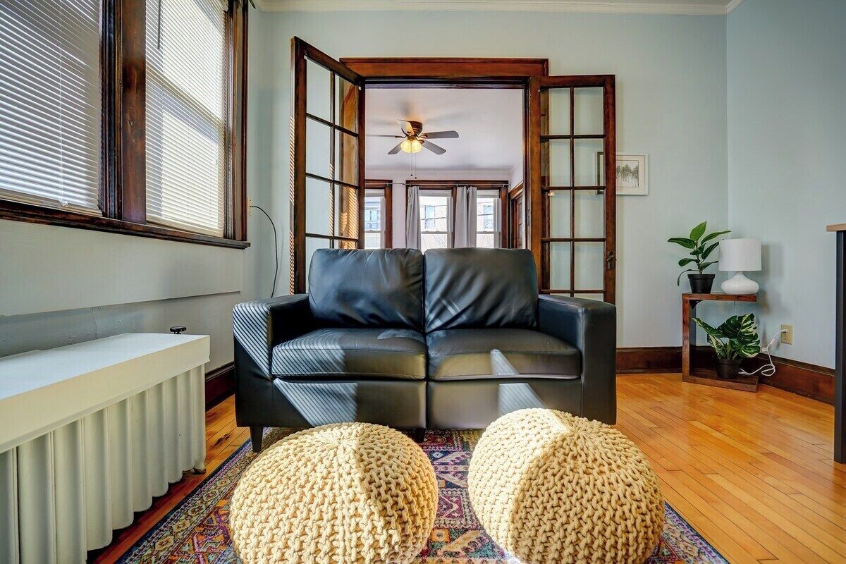 Comfortable couch and bean bag ottoman