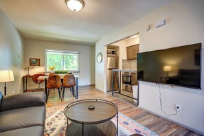 View of apartment from the chase of the sofa. Roku TV. - Pet-Friendly Apt Near Med Center + Parking (Milwaukee)