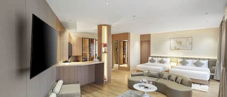 A modern hotel room with a flat-screen TV, a sofa, a bed, a desk, and a dining area.