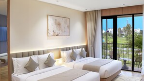 A modern bedroom with two beds, a large window with a view, and a ceiling light. - ALAYA STAYS SAVIAN Suites (Chikkajala)