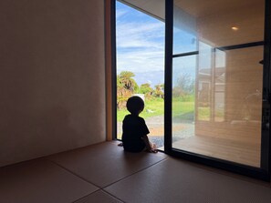 A child sitting on a tatami mat inside a room with a large glass door leading outside.