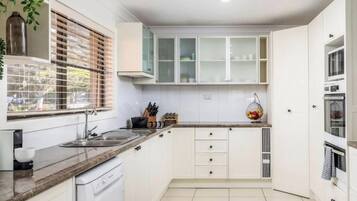 A modern kitchen with white cabinets, a dishwasher, and a window with blinds.