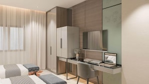 A modern bedroom with a bed, bedside tables, a desk, and a chair. - Lilac Park Neom Highway Hotel Ex Lilac Park Hotel (Tabuk)