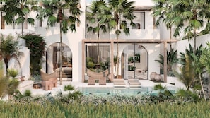 A modern house with a pool, outdoor seating, and tropical plants. - Casa De Ubud Serenity (Sukawati)