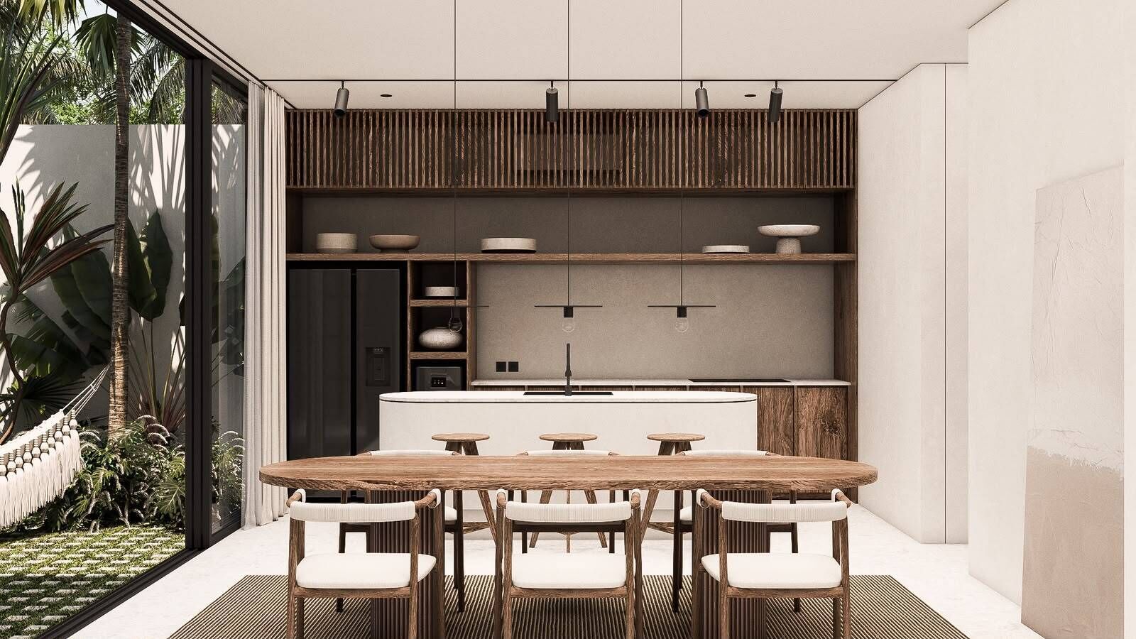 Una cocina moderna con una isla central, estantes empotrados y una zona de comedor con una mesa redonda y sillas.