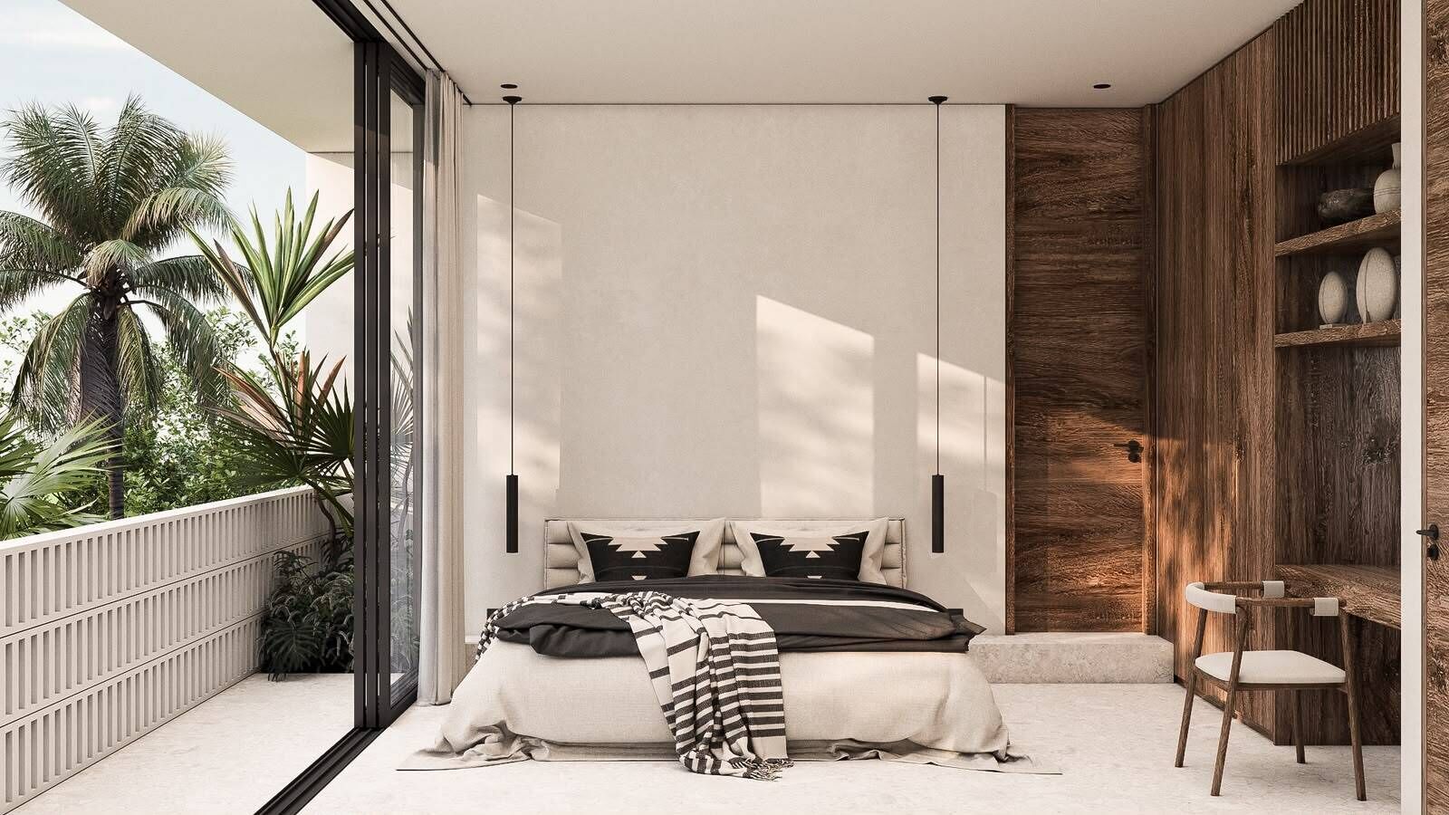 Un dormitorio moderno con una cama grande, una pared decorativa de madera y vistas a palmeras.