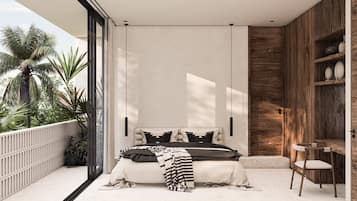 Un dormitorio moderno con una cama grande, una pared decorativa de madera y vistas a palmeras.