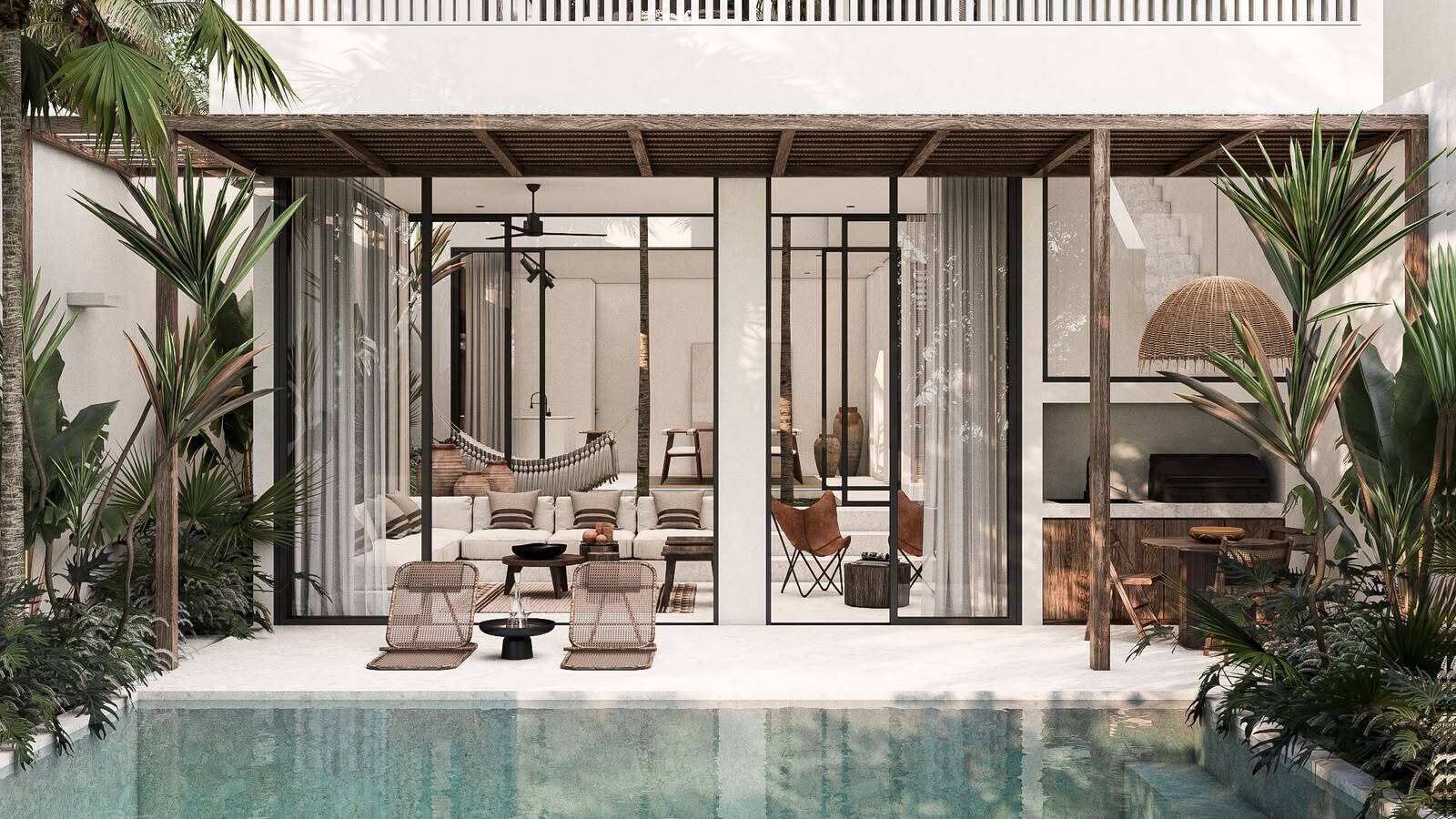 Un espacio exterior moderno con piscina, mobiliario y una pérgola.