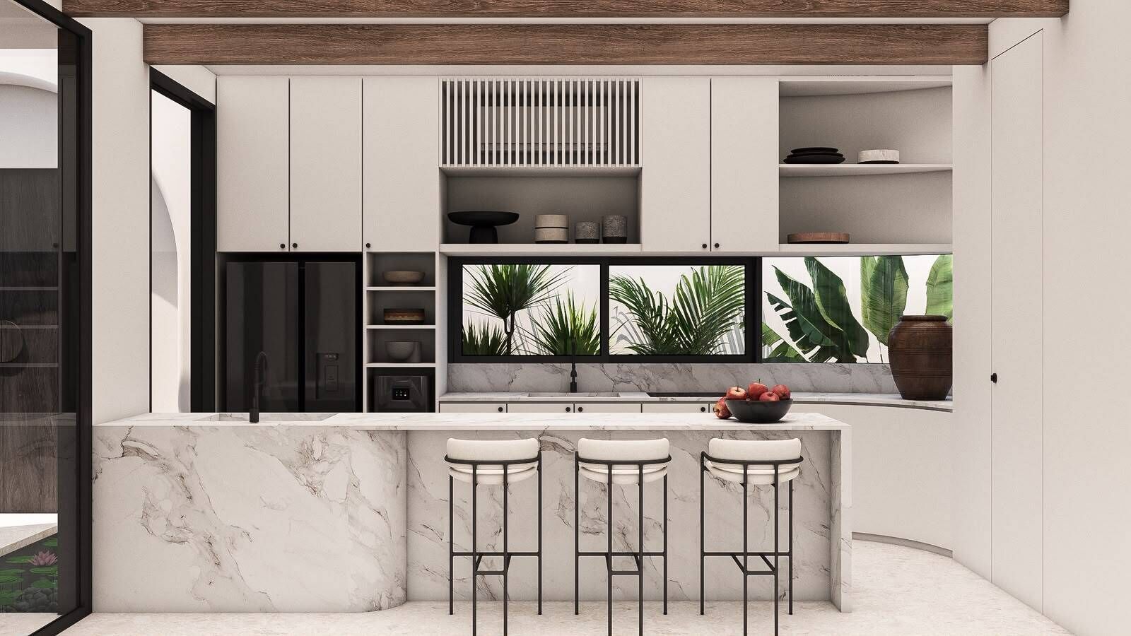 Une cuisine moderne avec des meubles blancs, un plan de travail en marbre et un coin bar équipé de tabourets.