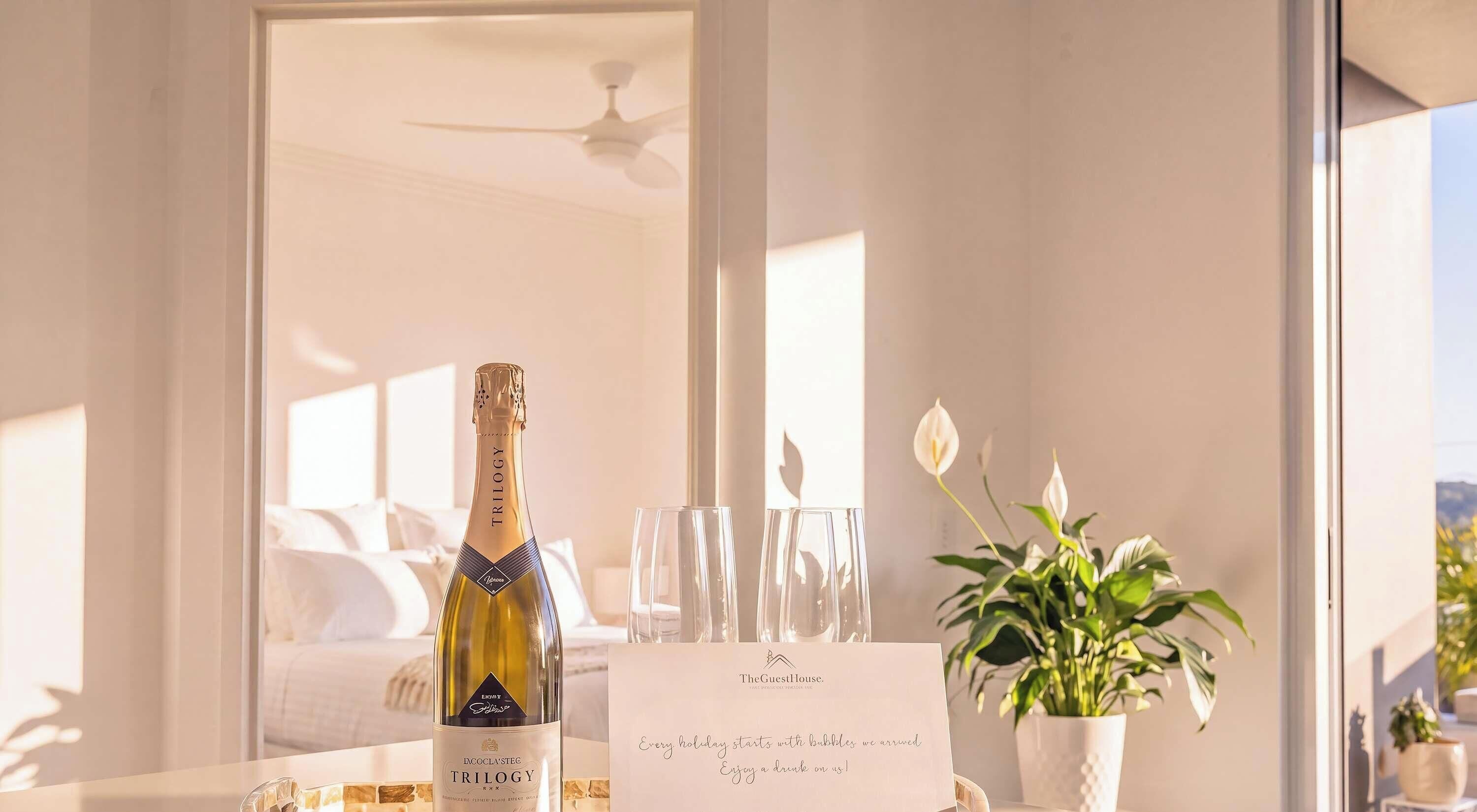 A bottle of wine, glasses, and a note on a table with a view of a room in the background.