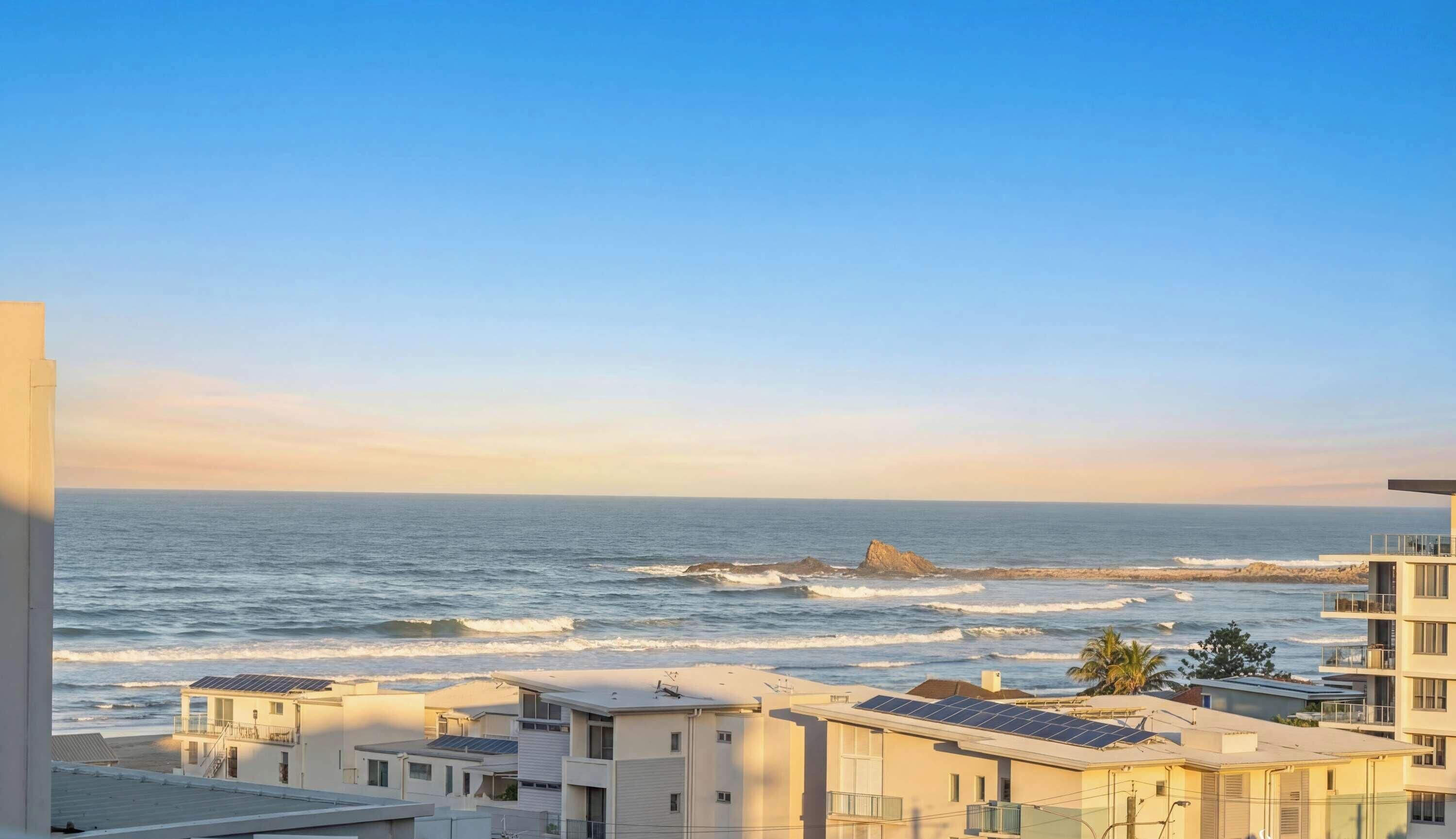 Zona residencial costera con edificios que dan al mar, con balcones y paneles solares.