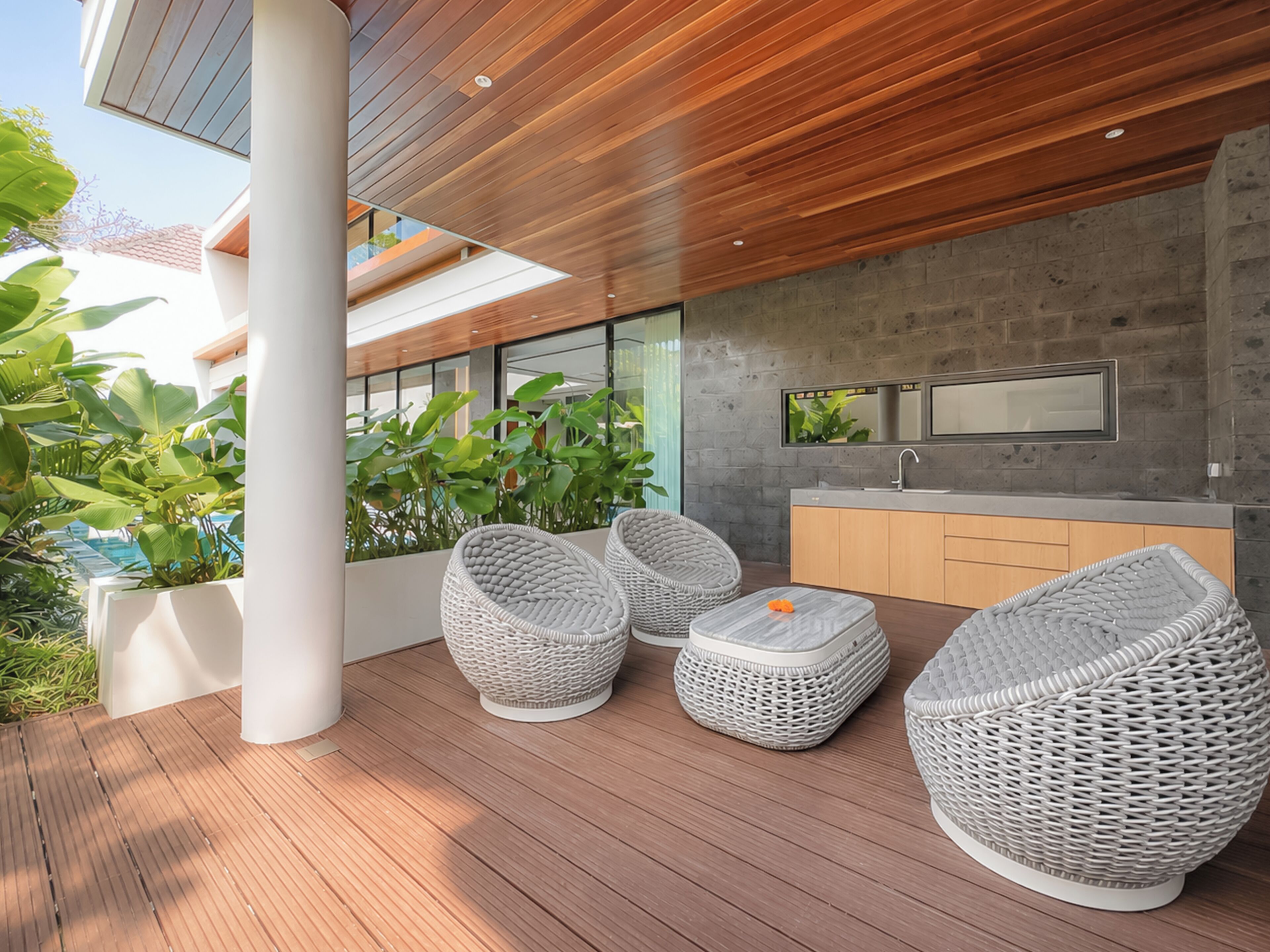 A modern outdoor patio with wicker furniture, a stone wall, and a kitchen area.