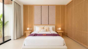 A modern hotel room with a large bed, two bedside tables, a wall with vertical wooden slats, and a large window with curtains.