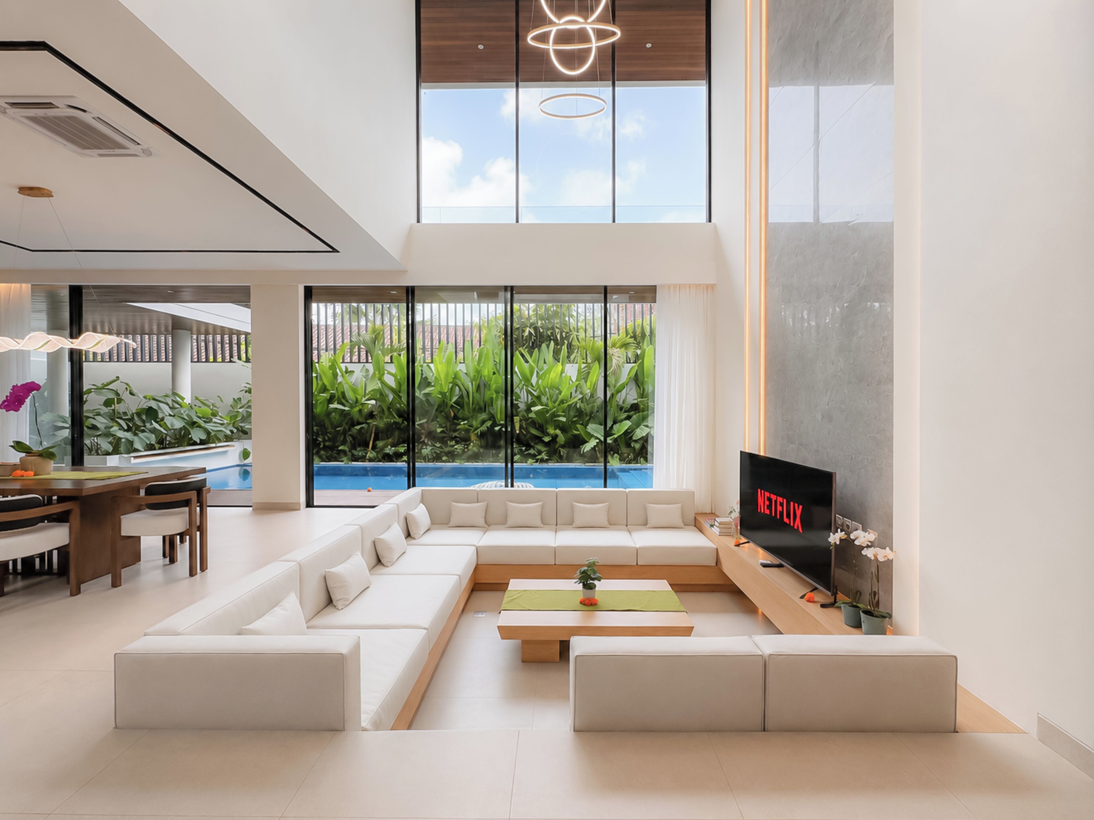 Een moderne woonkamer met een modulaire bank, een flatscreen televisie en uitzicht op een zwembad.