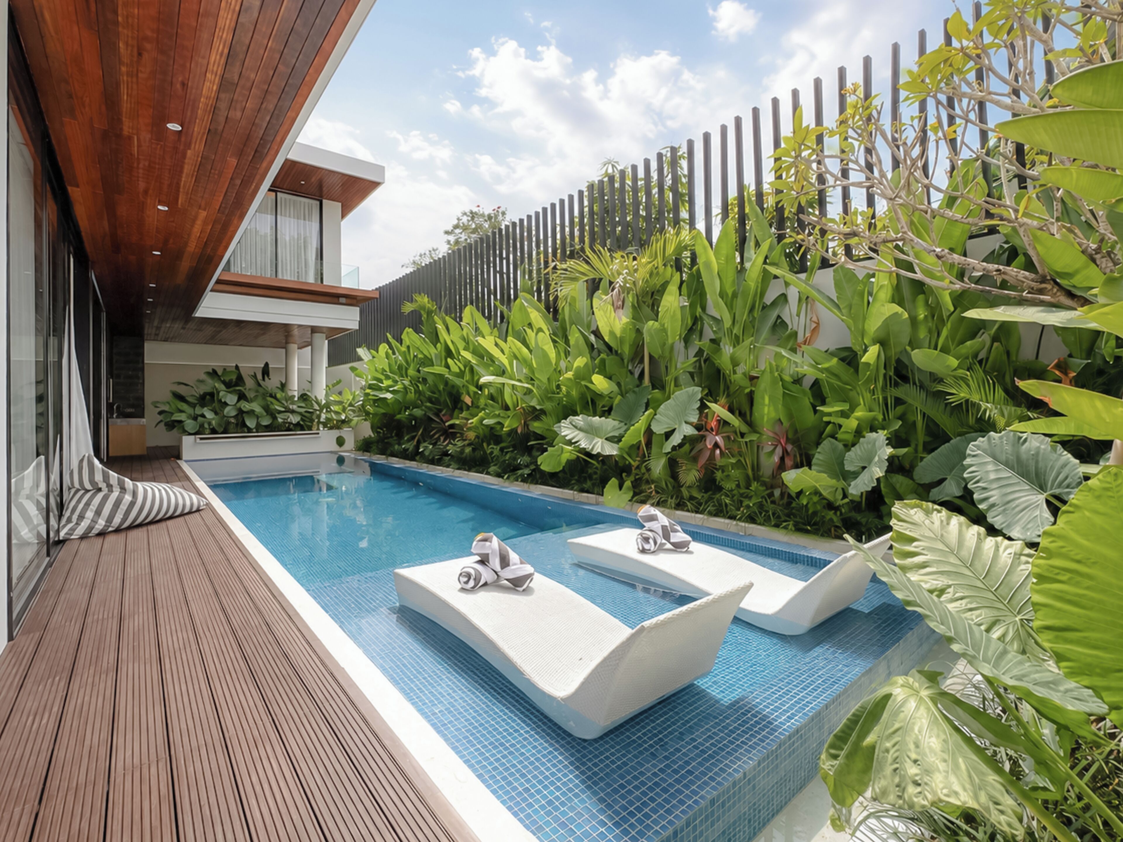 Un área de piscina moderna al aire libre con terraza de madera, dos sillas de descanso y exuberantes plantas tropicales.