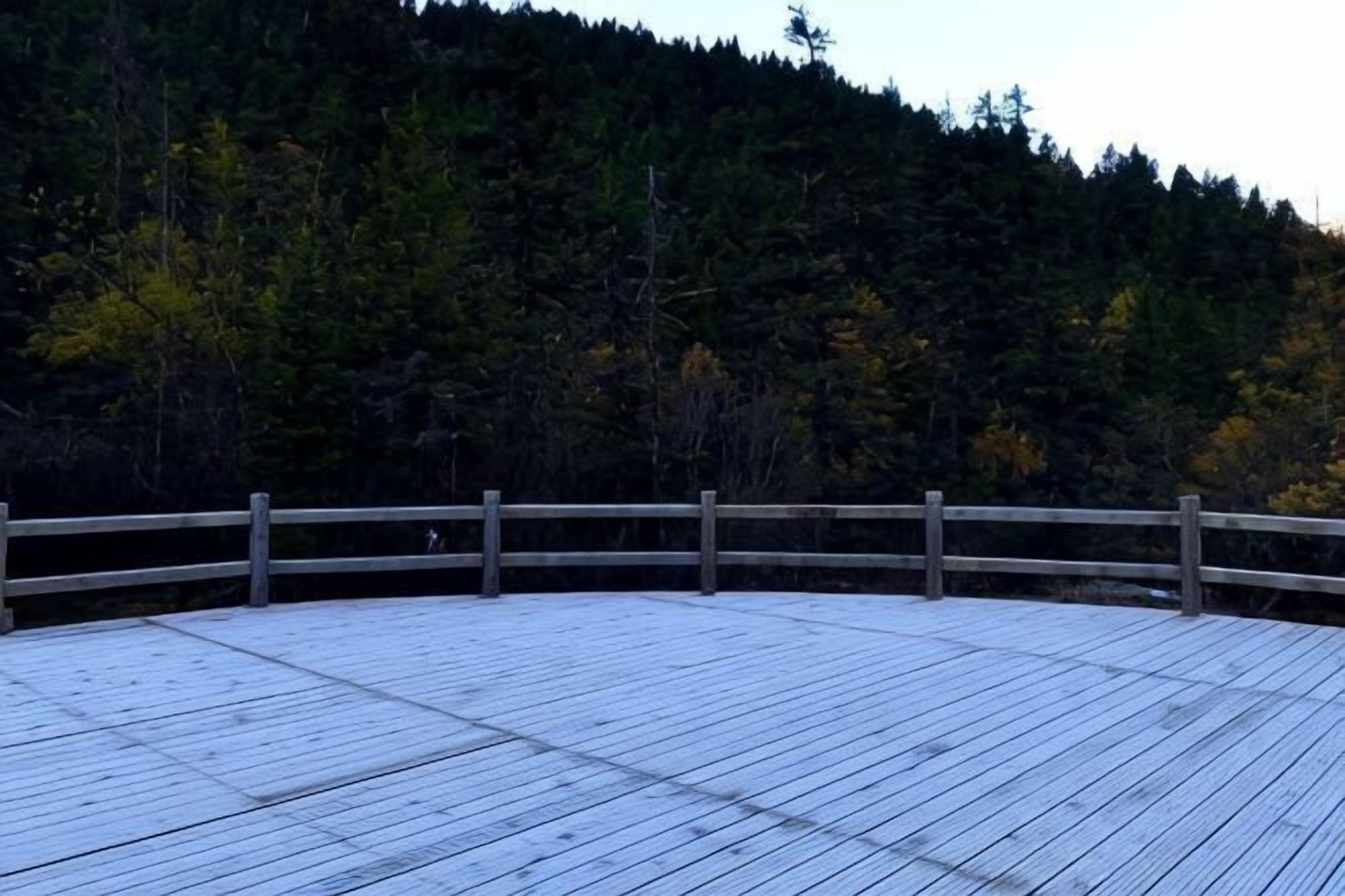 A wooden deck with a railing, surrounded by a forested hillside.