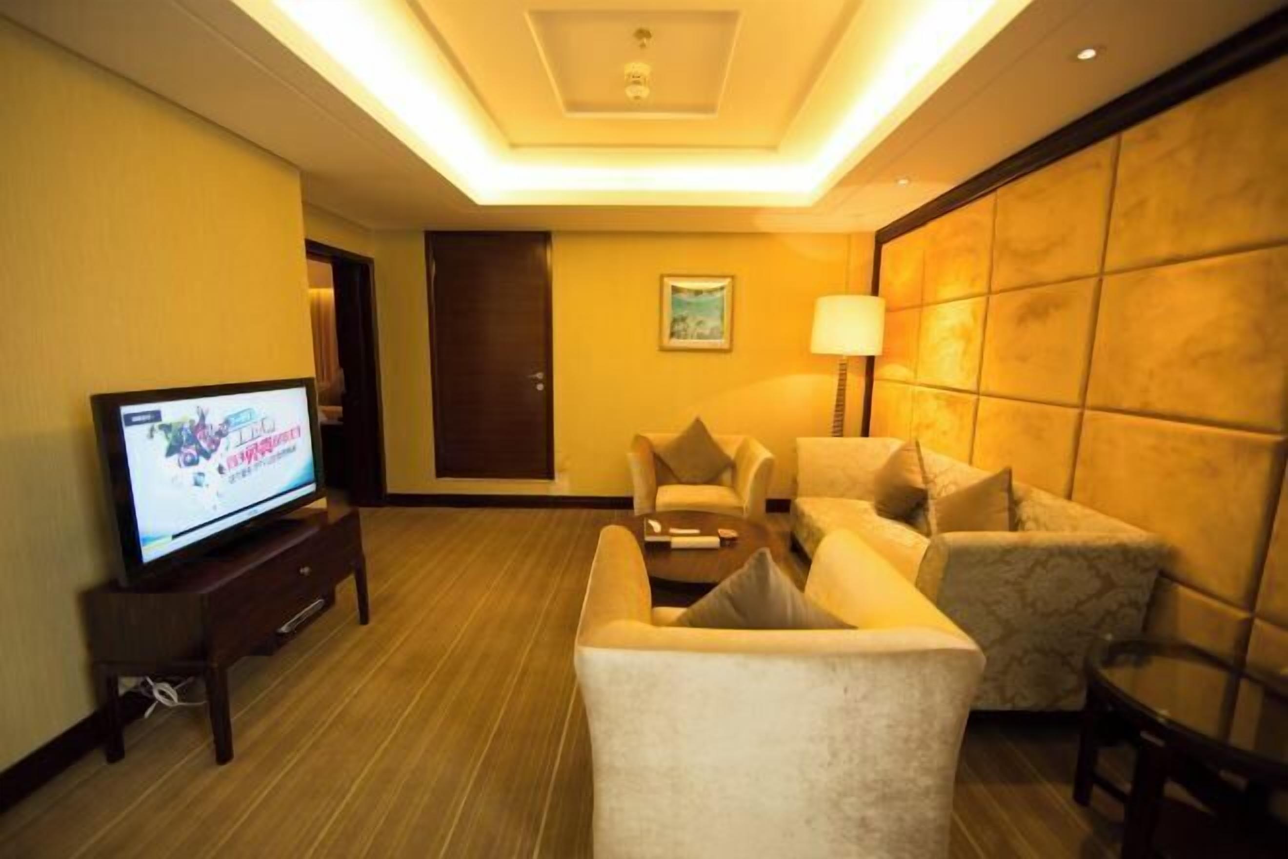 A hotel room with a television, two sofas, a lamp, and a door.