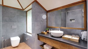 Studio Luxe, vue cour intérieure | Salle de bain | Douche, sèche-cheveux, chaussons, serviettes fournies