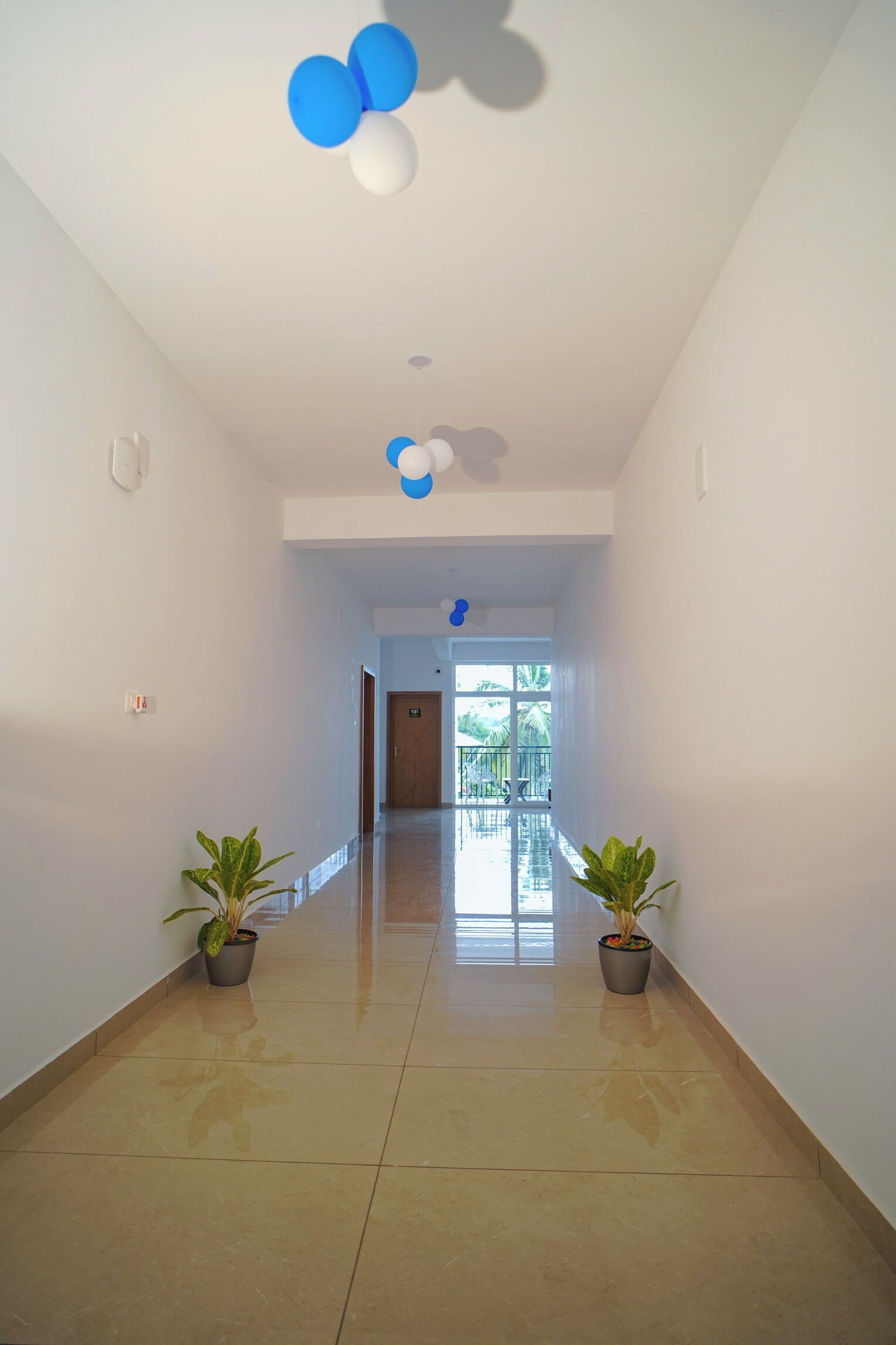 A hallway with a tiled floor, potted plants, and a door at the end.