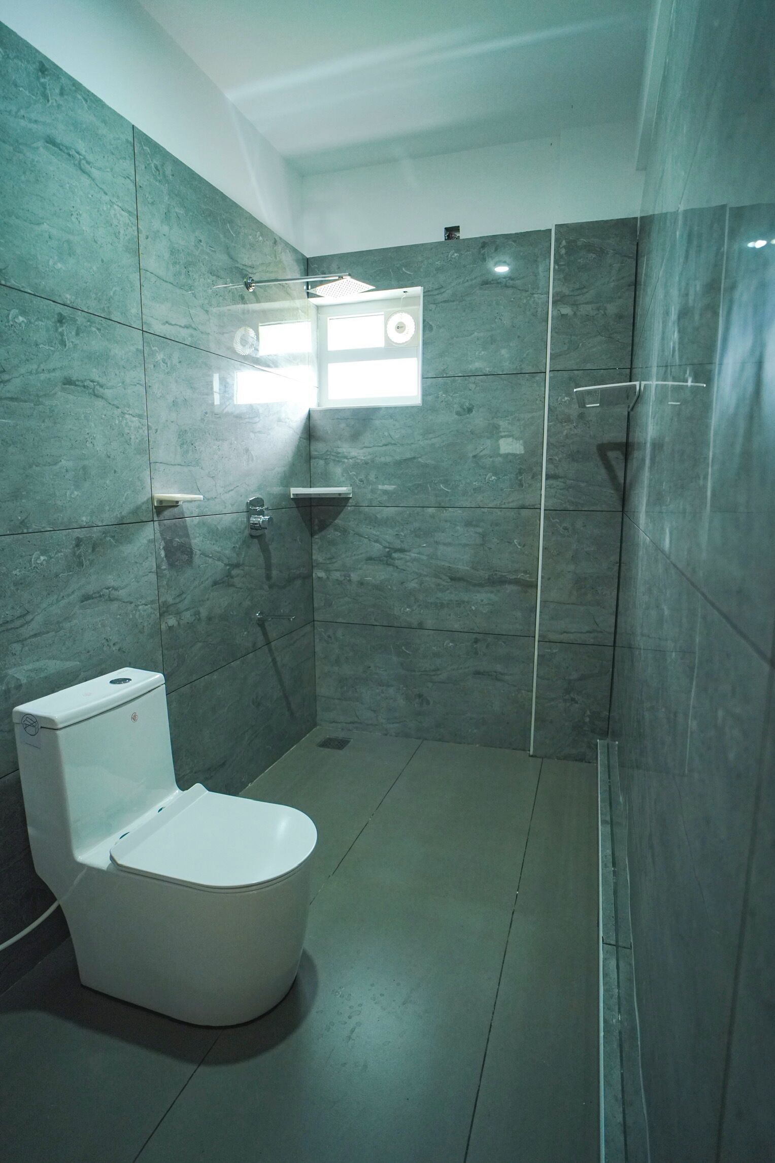 A bathroom with a toilet, a shower, and a window.