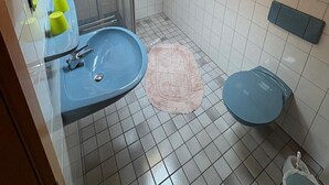 A bathroom with a blue sink, a shower, and a toilet. - Rauher Kopf Vacation Rental, 50 m², 1–4 people, 2 bedrooms, 2 showers/toilets, kitchen (Bischofswiesen)