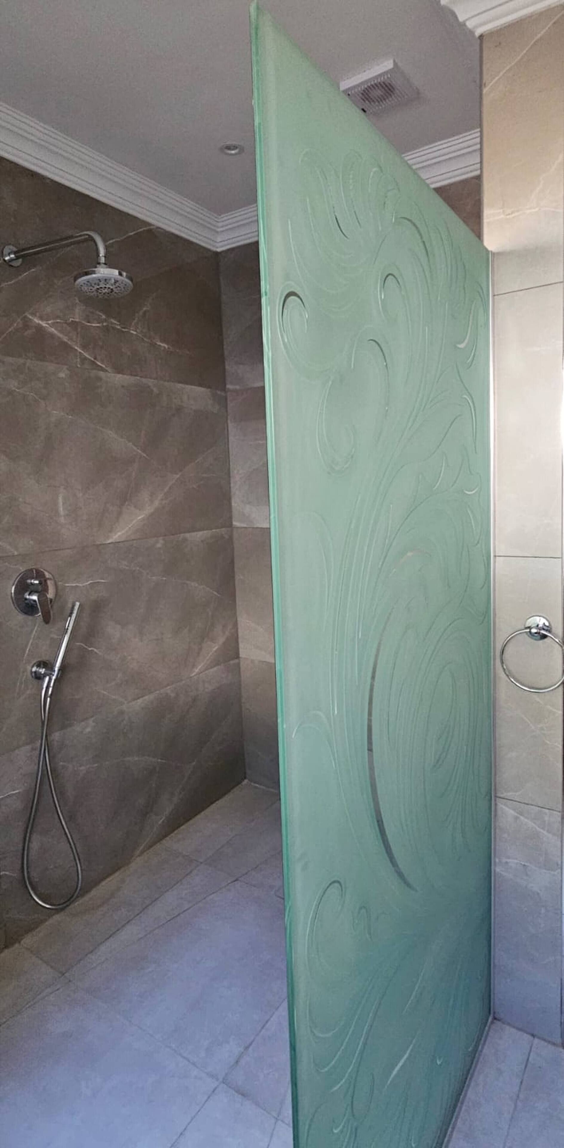 Une salle de bain avec une douche, une paroi en verre et un porte-serviettes.