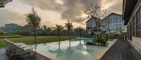 A swimming pool with a wooden deck, surrounded by tropical plants and a modern building.