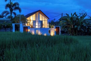 Una casa moderna con ventanas amplias y techo inclinado, rodeada de hierba alta y palmeras.