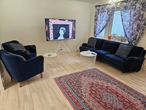 A living room with a TV, two sofas, a coffee table, and a patterned rug.