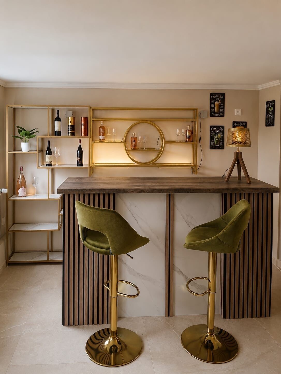 Eine Bar mit zwei Hockern, einem Flaschenregal und einer dekorativen Lampe.