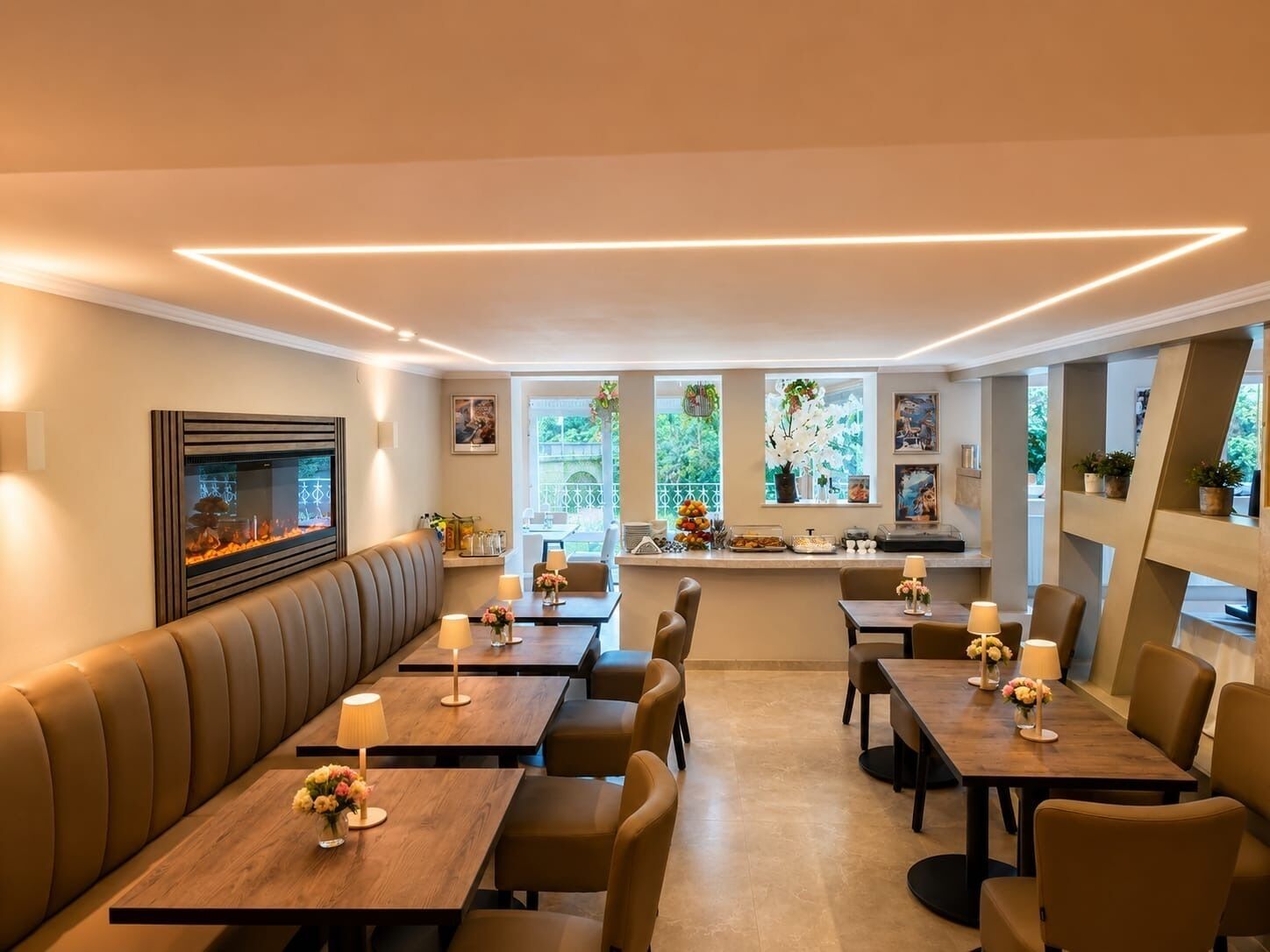 A restaurant with a long counter, booths, and a fireplace.