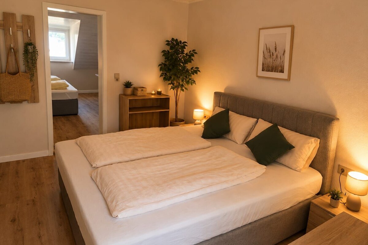 A double bed with a headboard, bedside tables with lamps, a bedside plant, a wooden shelf with a plant, and a framed picture on the wall.