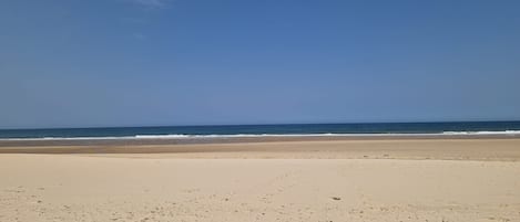 Una playa con cielo despejado y mar tranquilo.