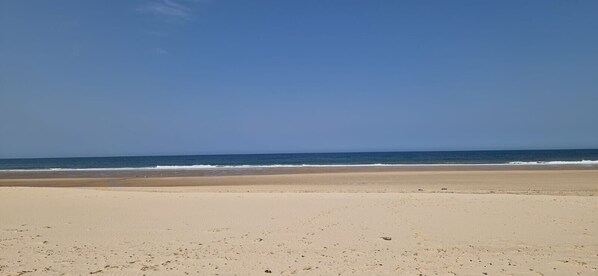 A beach with a clear sky and calm sea.