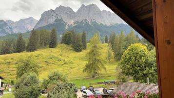 Une vue depuis un balcon en bois donnant sur une vallée verdoyante, avec des montagnes en arrière-plan.