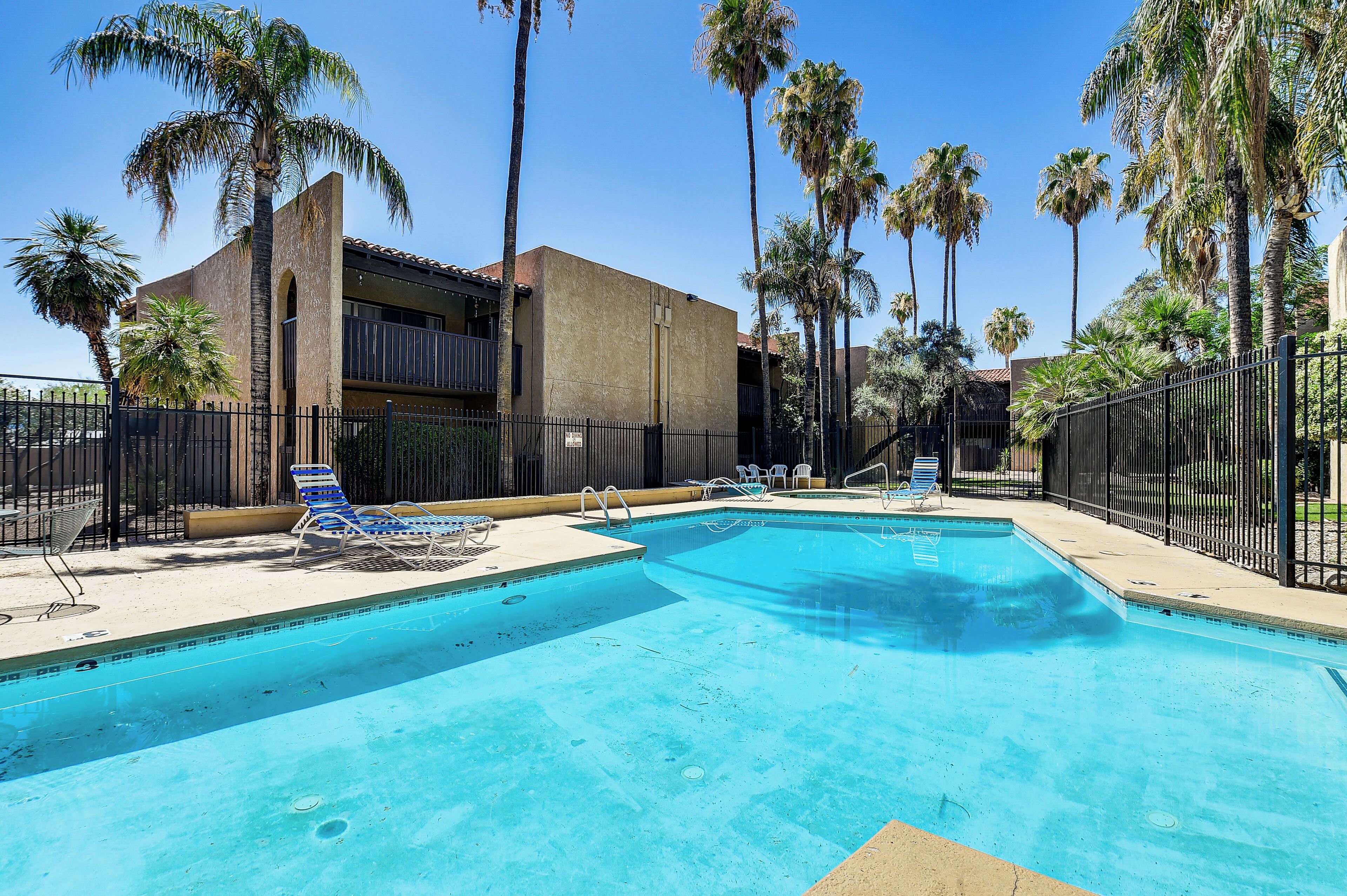 A swimming pool with lounge chairs, surrounded by palm trees and a building with balconies.