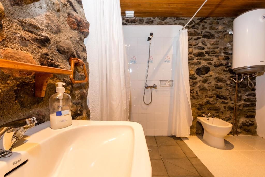 Une salle de bain avec un mur en pierre, un lavabo, une douche et un bidet.