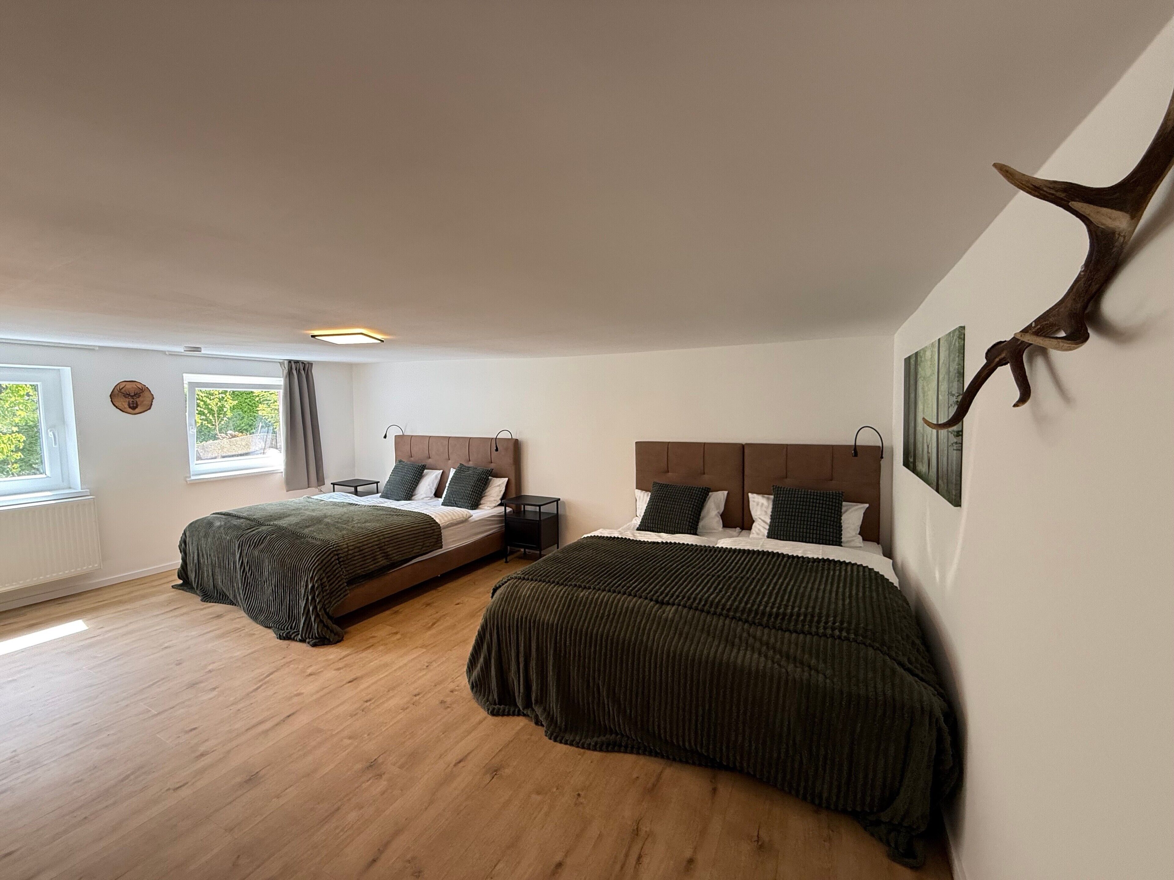 Ein Schlafzimmer mit zwei Betten, Holzboden, einem großen Fenster und einem aufgehängten Tierkopf an der Wand.